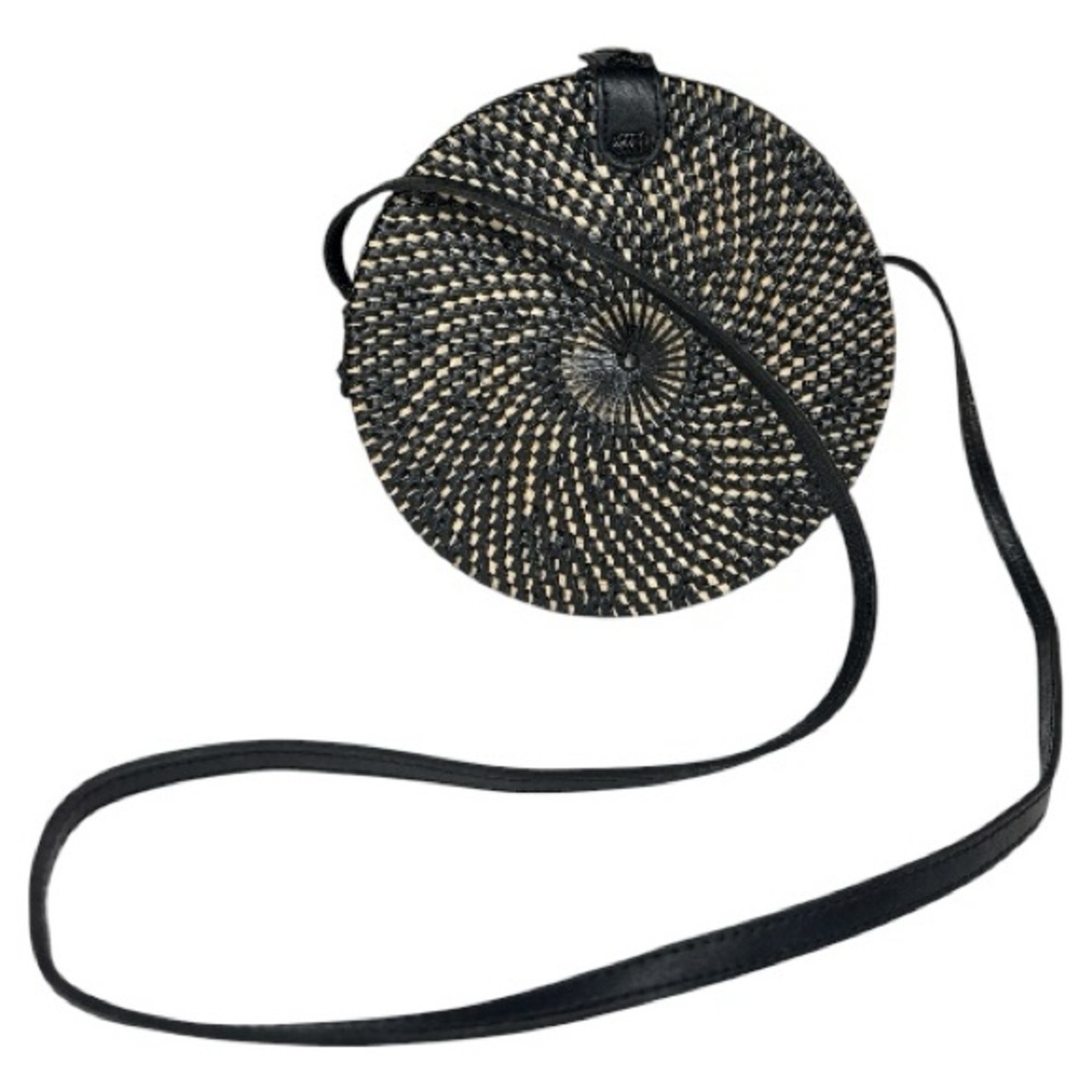 Village Thrive Rattan Round Black Crossbody Bag